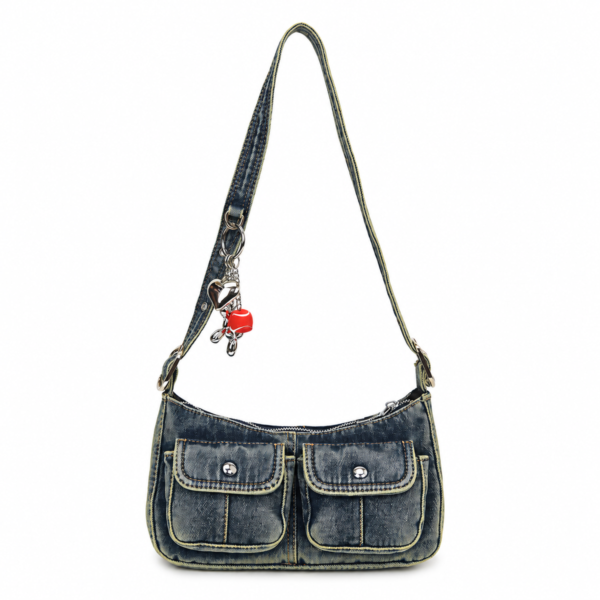 Denim Baguette Shoulder Bag with Twin Pockets and Charm Detail