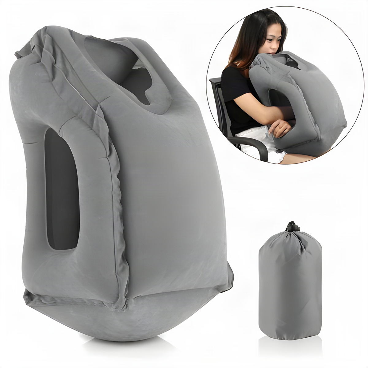 Inflatable Travel Pillow with Face Opening and Arm Cutouts