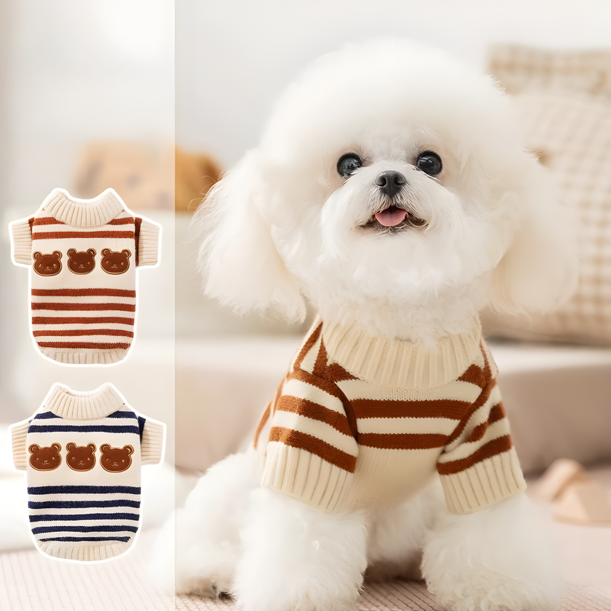 Knitted Pet Sweater with Ribbed Neck and Short Sleeves for Cool Days