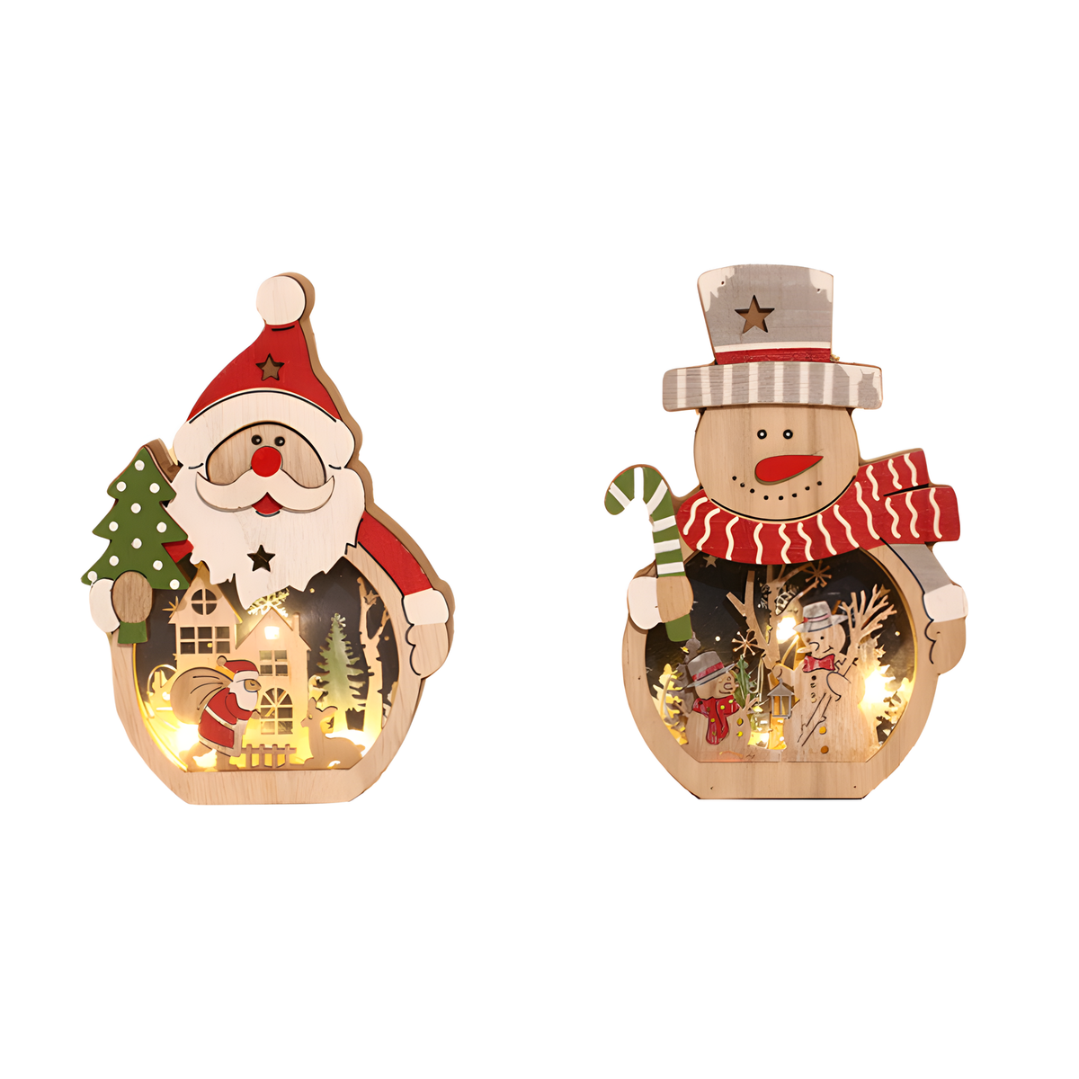 Light-Up Wooden Christmas Figure, Santa or Snowman Scene