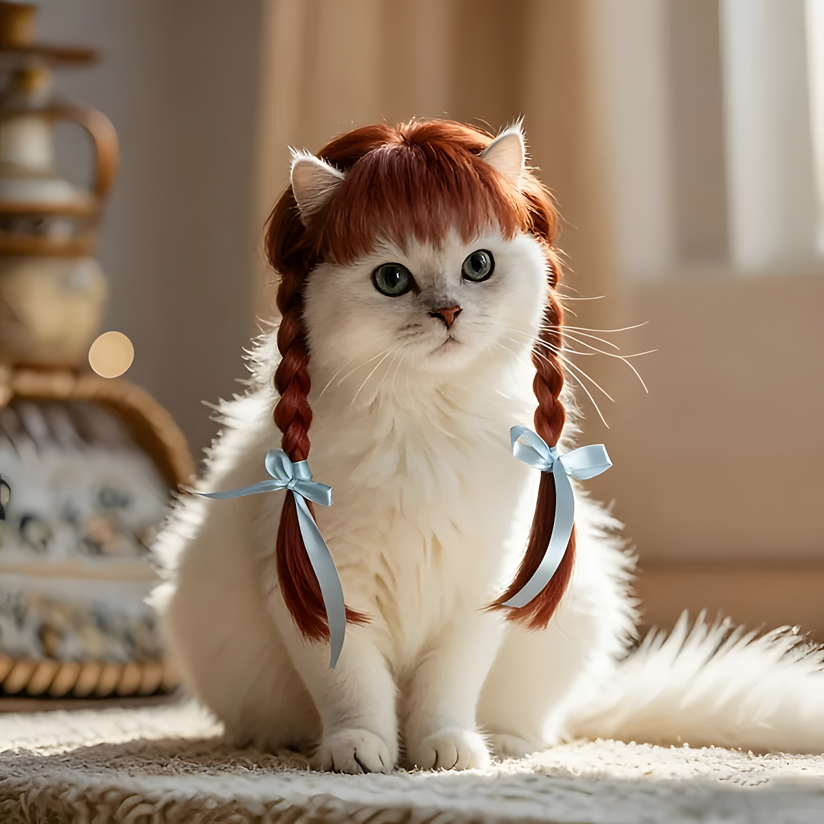 A fluffy white cat wearing a red wig with two braided pigtails and light blue ribbon bows, sitting indoors on a textured rug.