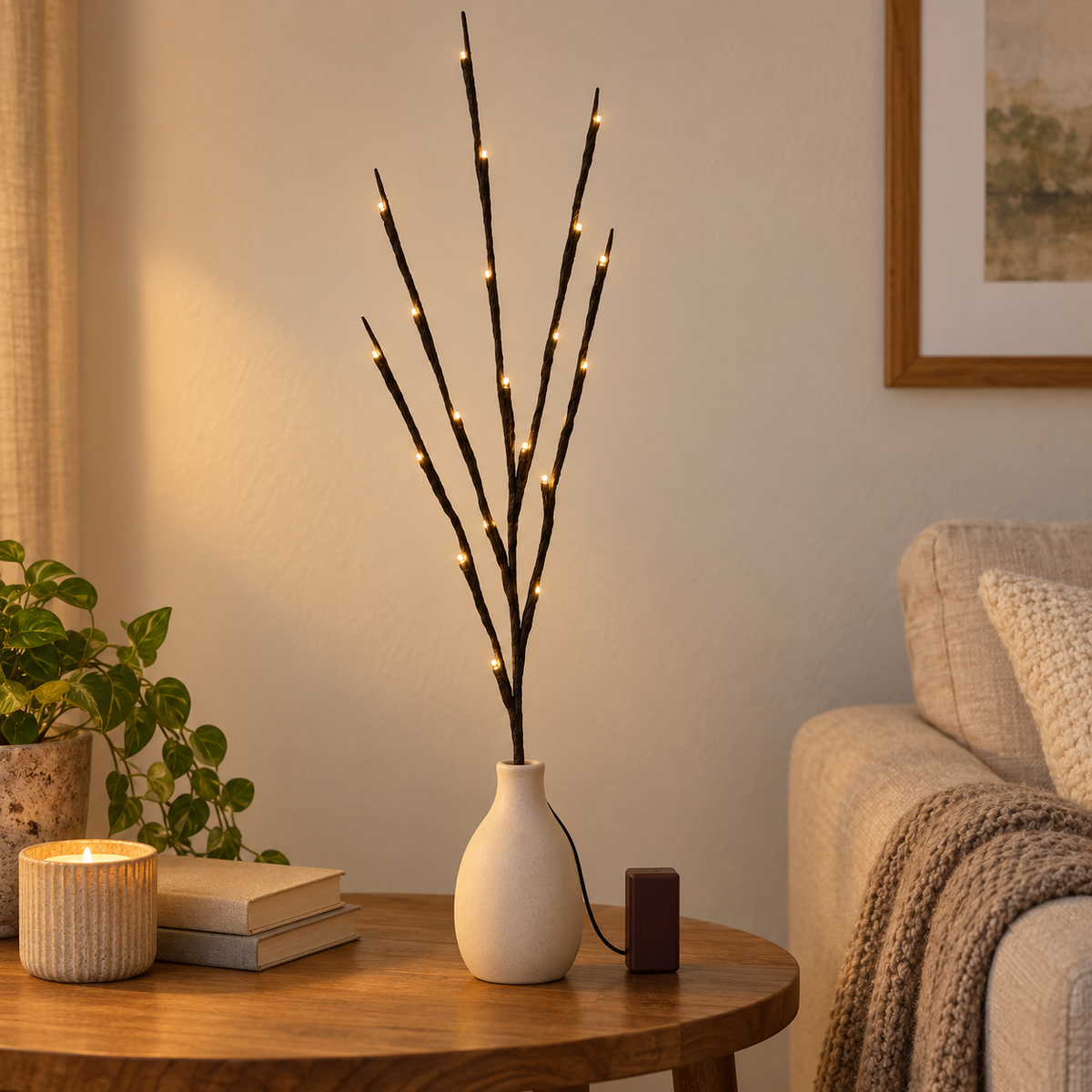 Warm White LED Twig Branch Light, 70 cm Battery-Powered Stem