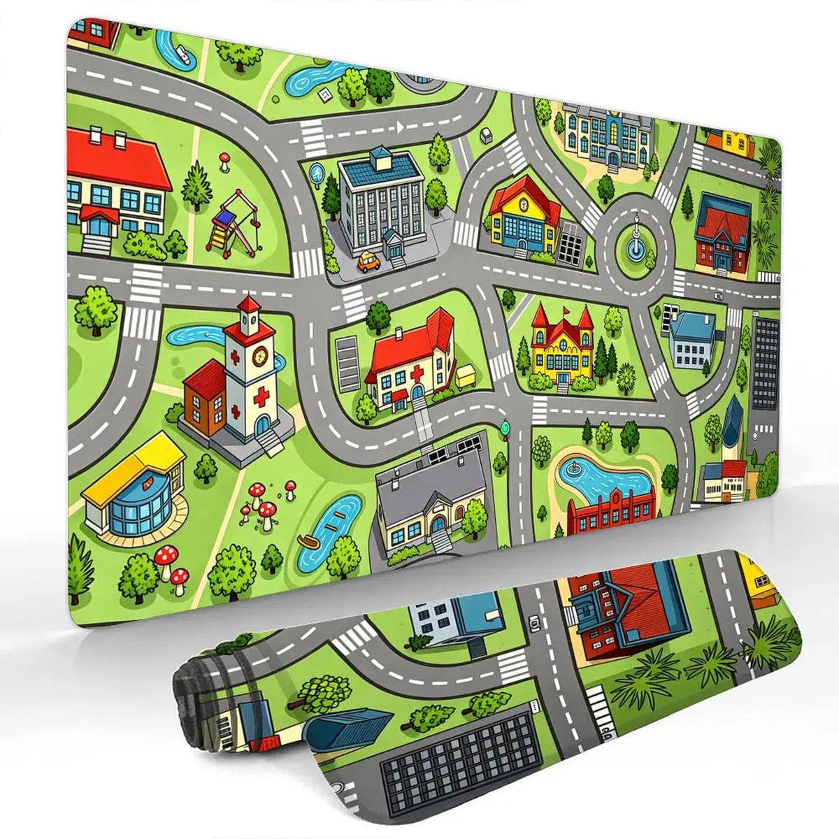 Oversized Cartoon City Road Desk Mat with Stitched Edges