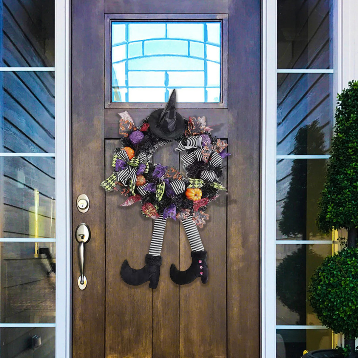 Halloween Witch Leg Wreath with Striped Legs and Curled Shoes
