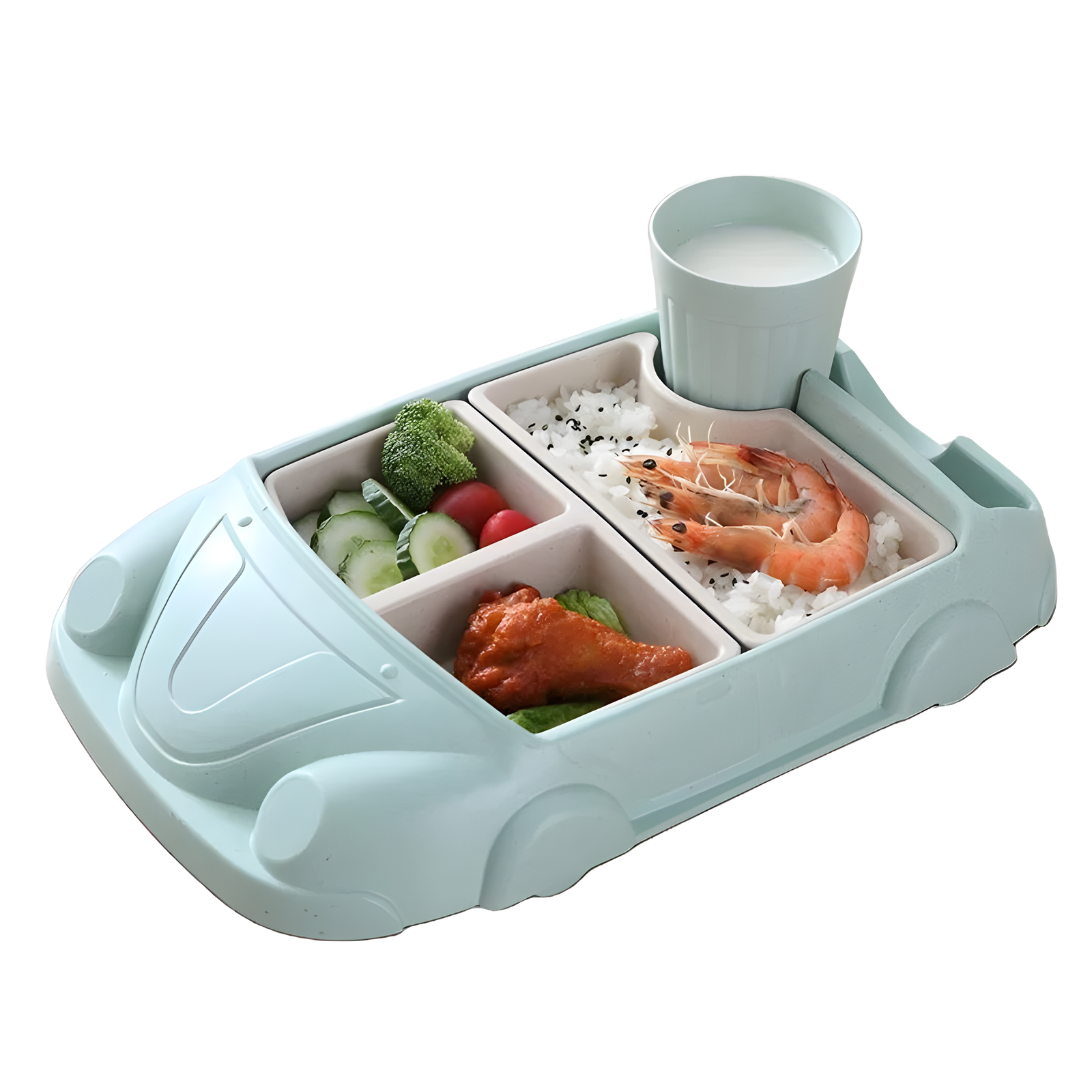 Kids Divided Meal Plate with Cup Car Shape Pink Green Blue