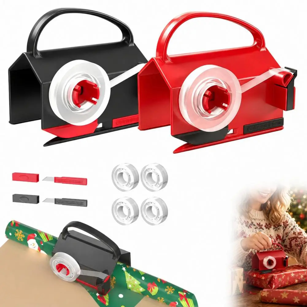 Handheld Wrapping Paper Cutter with Tape Dispenser