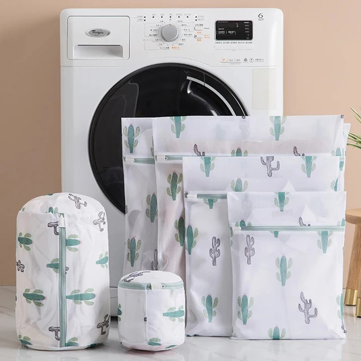 Cactus Print Mesh Laundry Wash Bag with Zipper, 6 Styles