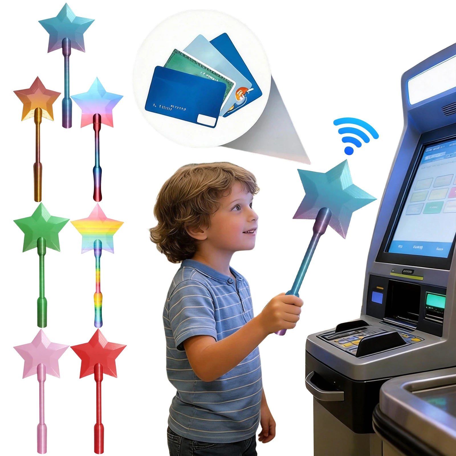Child holding a colorful star-shaped wand in front of an ATM machine with additional star-shaped wands displayed.