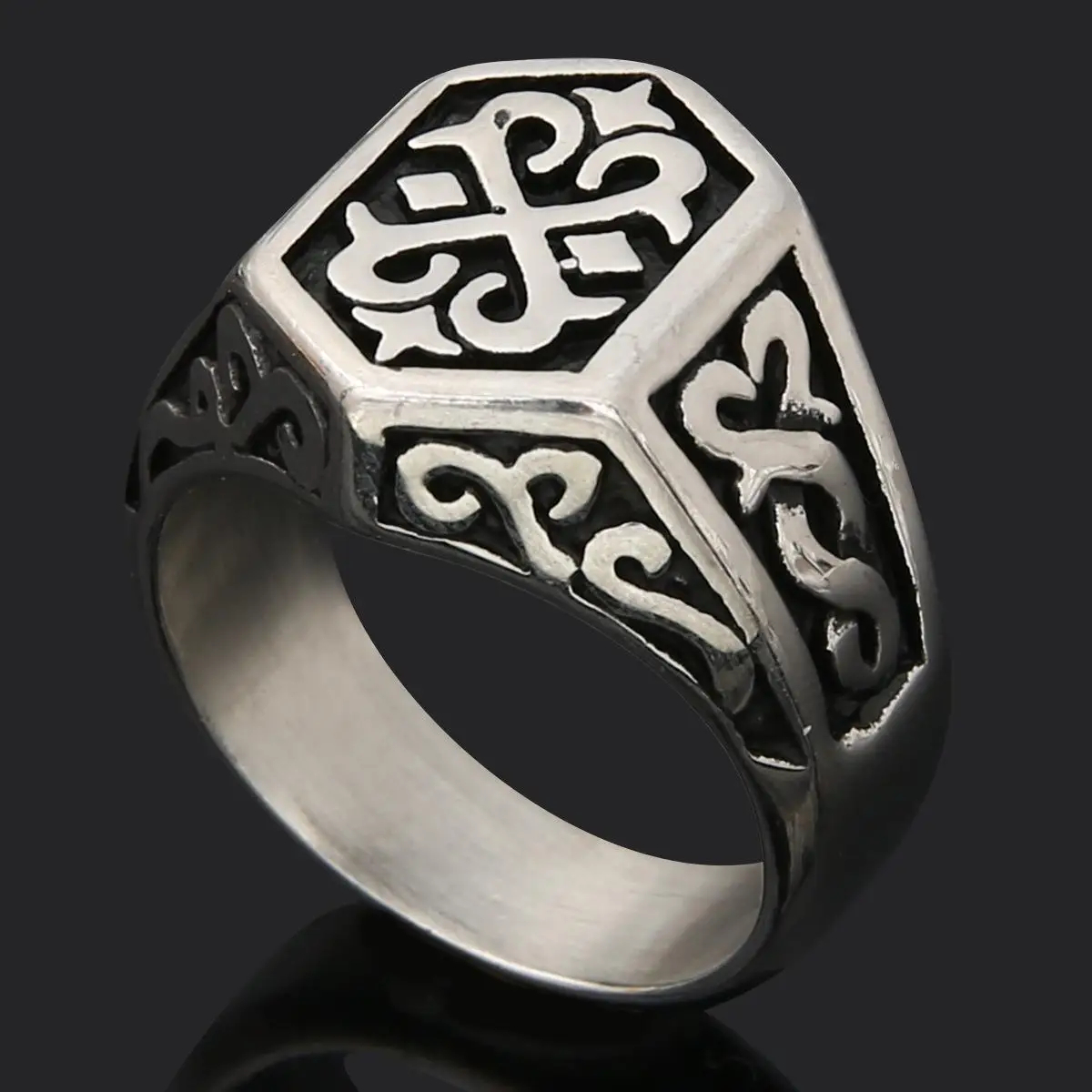 Silver-Tone Gothic Pattern Ring, Geometric Signet Design