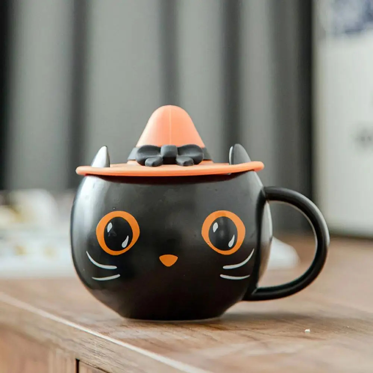 Halloween Cat Mug with Lid and Spoon, Ceramic, 301-400 ml