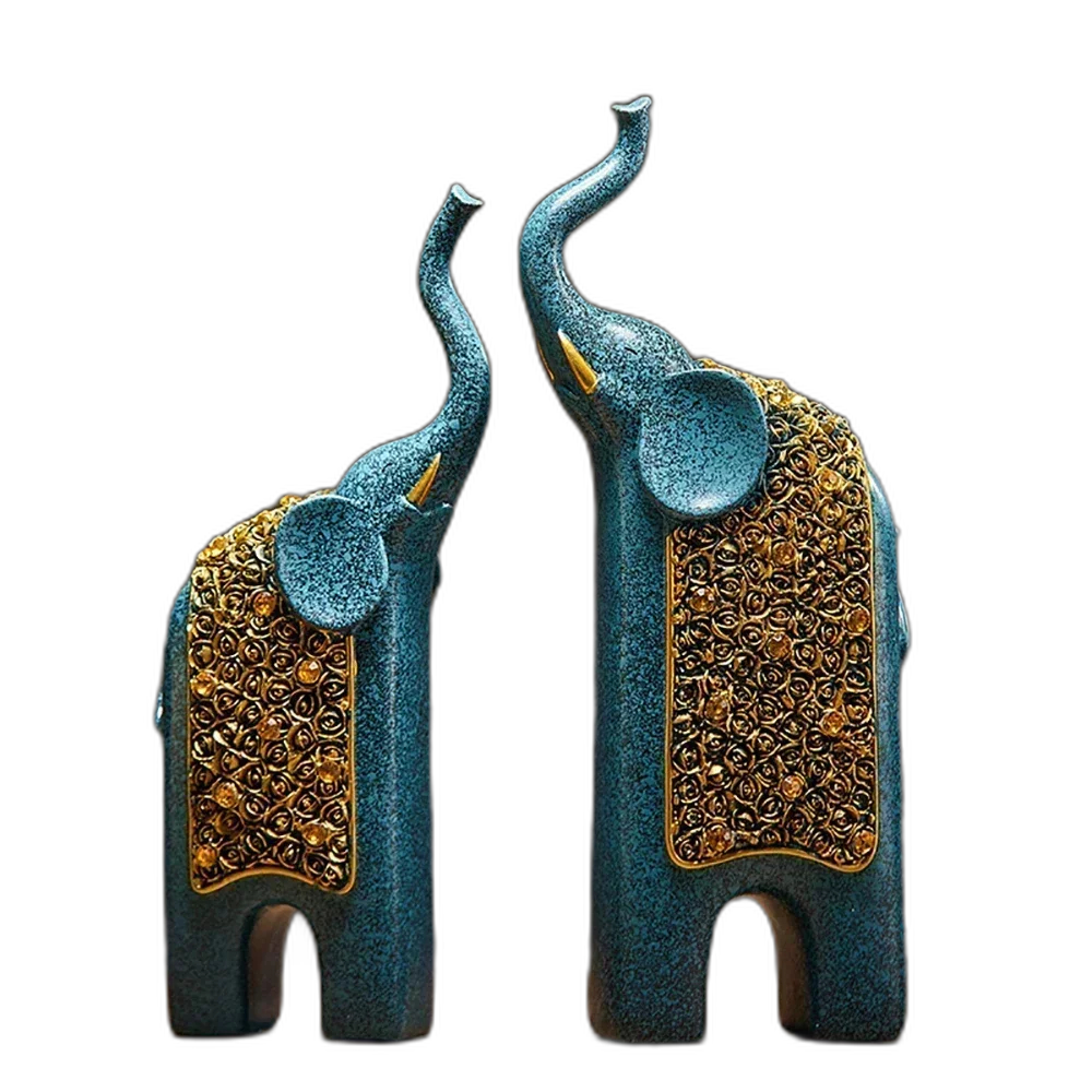 Blue & Gold Elephant Figurine Pair Raised Trunk Home Decor
