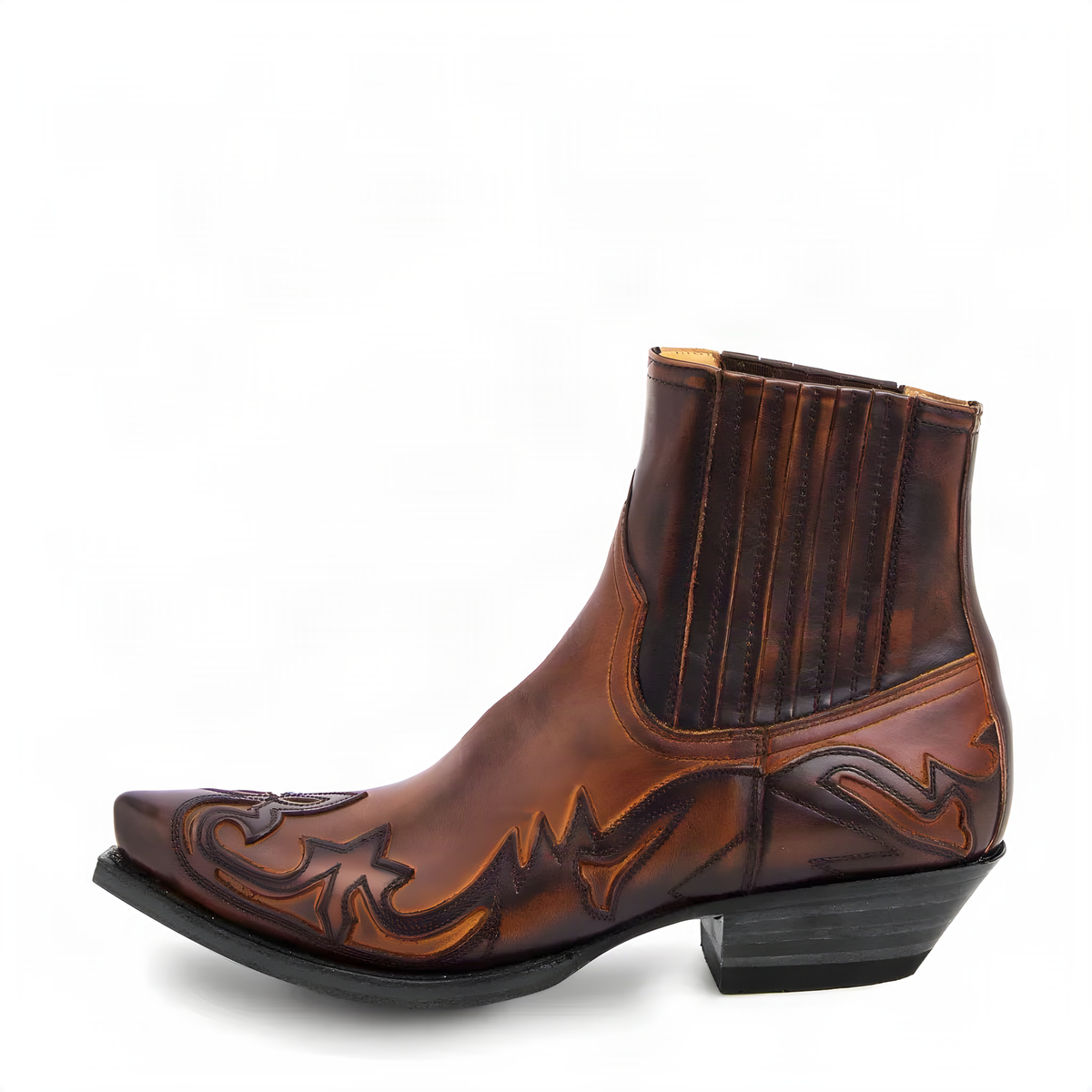 Western Pull-On Ankle Boots with Flame Stitching and Low Heel