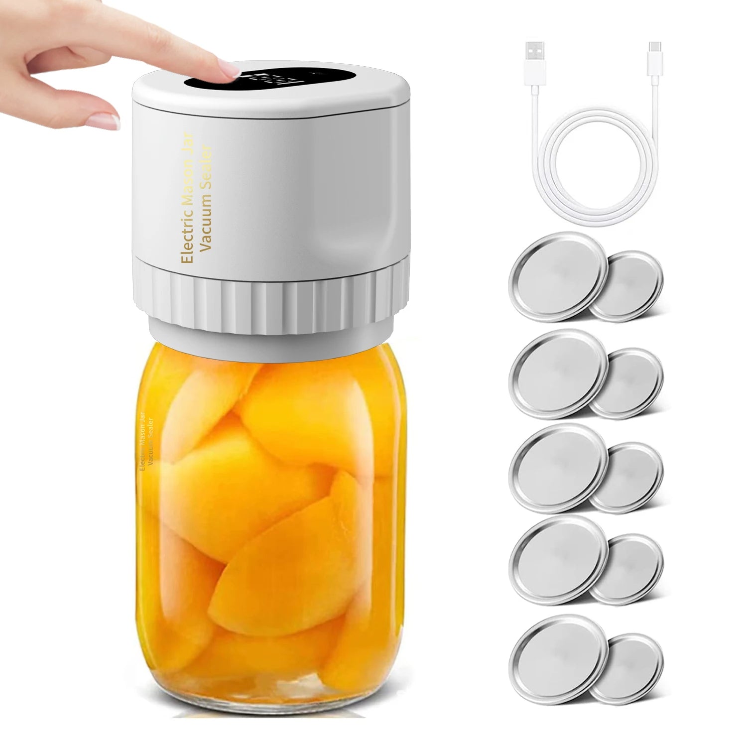 Electric vacuum sealer with a jar of sliced peaches, USB cable, and additional sealing discs on a white background.