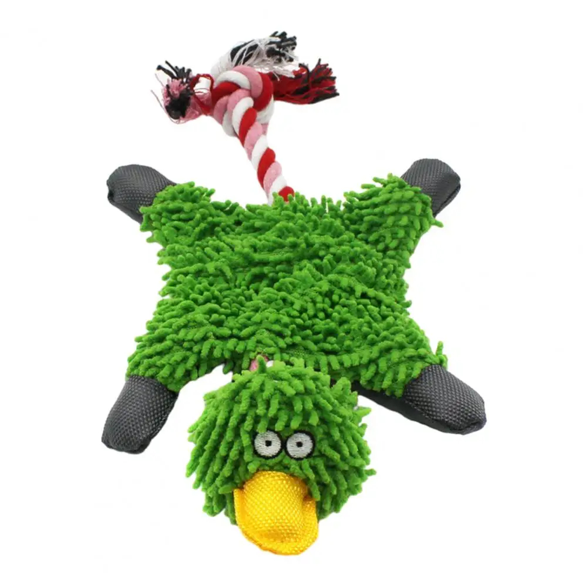 Green Chenille Duck Dog Toy with Knotted Rope Tail, 28 x 17 cm