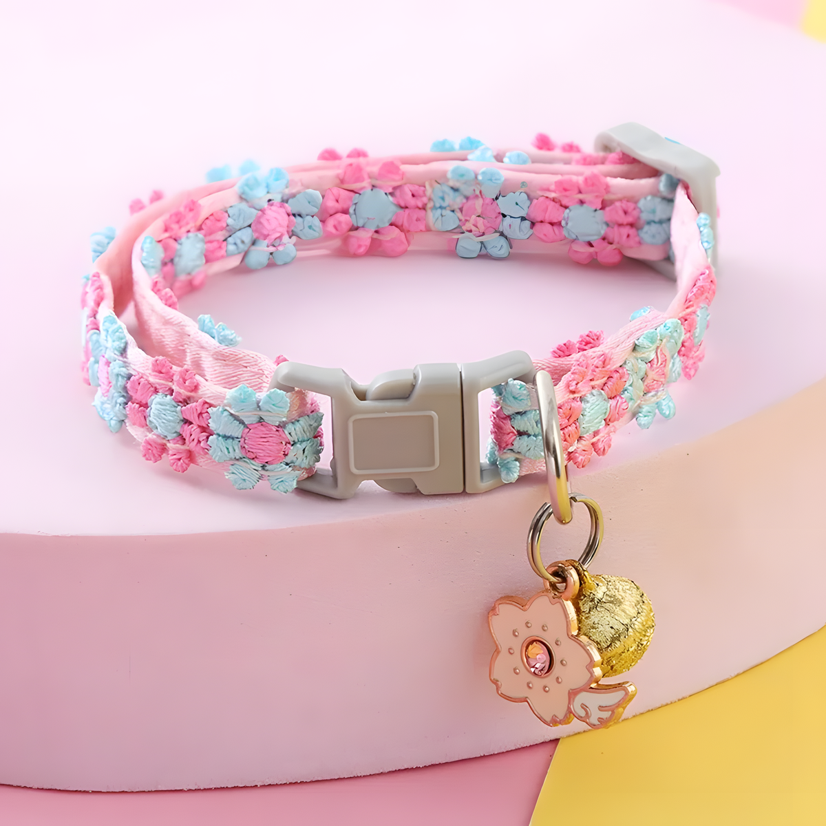 Colorful Floral Cat Collar, Adjustable Buckle, Bell & Charm