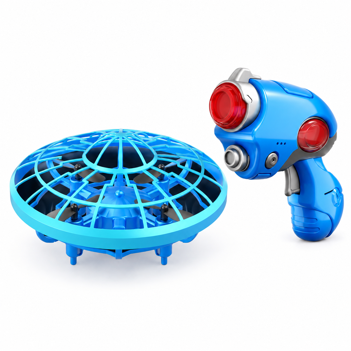 A blue toy flying disc drone with a protective cage and a matching blue remote control with red buttons, shown on a clean white background.