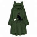 Cat Print Longline Fleece Pullover Hoodie with Patch Pockets