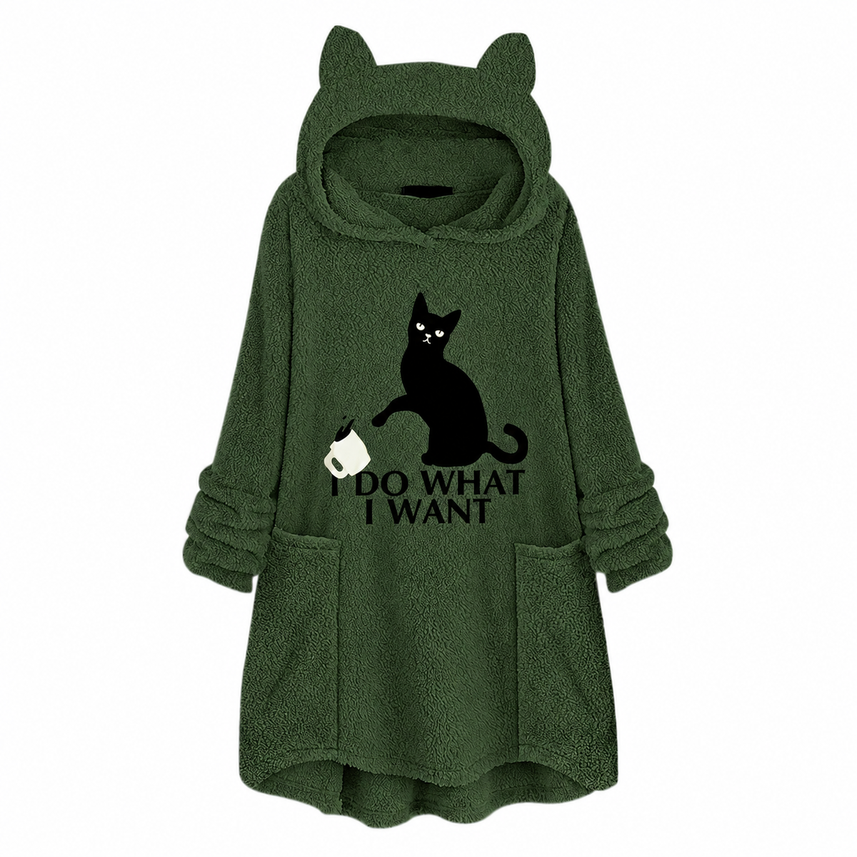 Cat Print Longline Fleece Pullover Hoodie with Patch Pockets