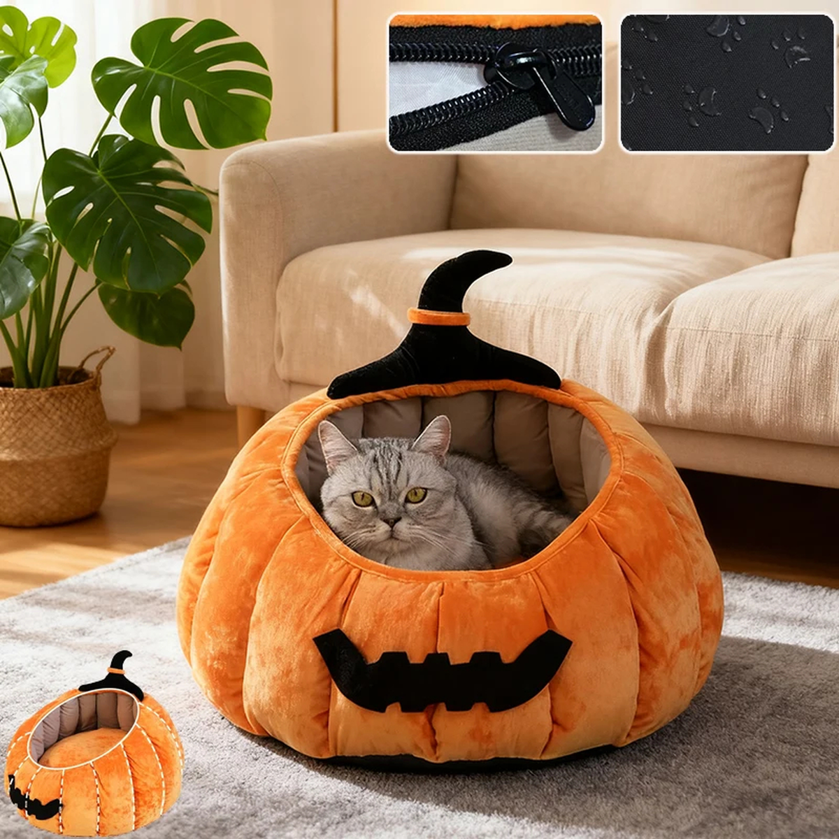 Pumpkin Cat Bed, Round 54 cm, Raised Rim, Removable Cushion