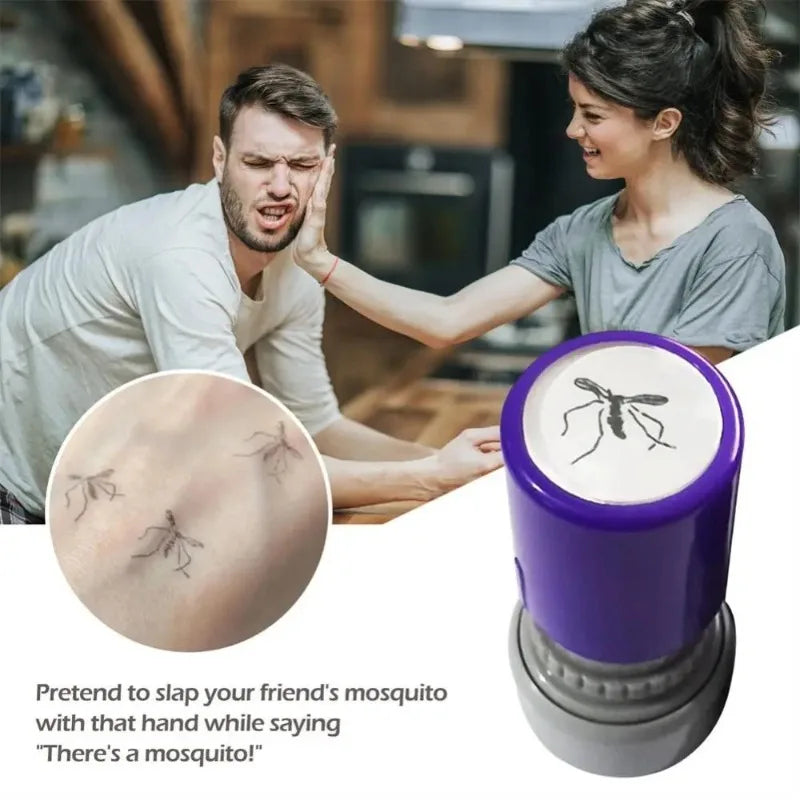 Two people with a mosquito stamp and a close-up of a mosquito on a person's arm.