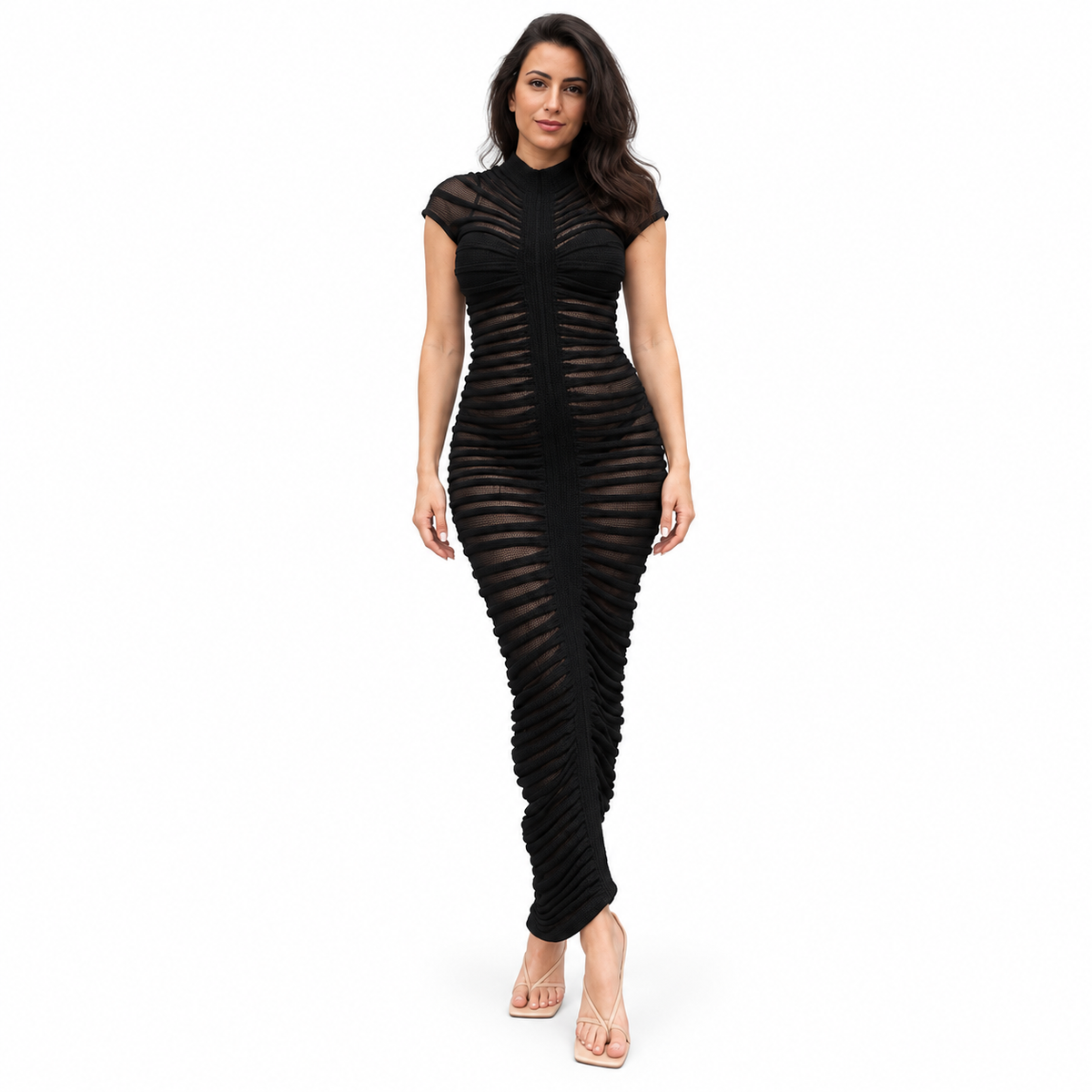 Black Ruched Short-Sleeve Midi Dress with Round Neckline