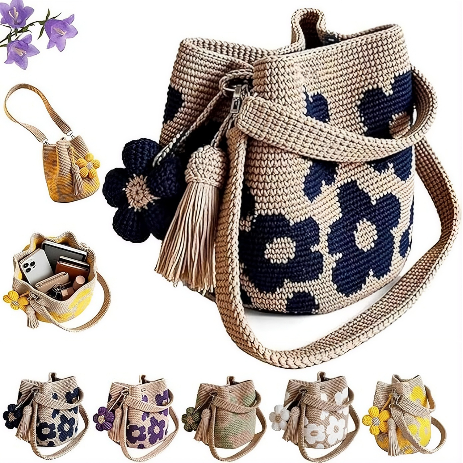 Leopard print handbag with floral accents and tassel, surrounded by smaller bags and flowers.