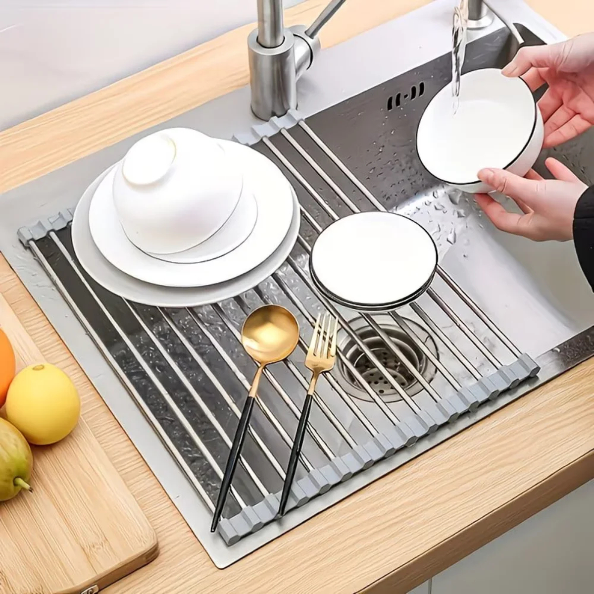 Roll-Up Over-Sink Dish Drying Rack, 47cm Stainless Steel