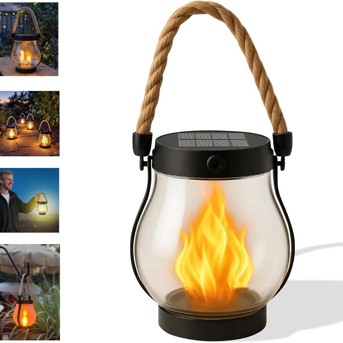 Solar LED Flame-Effect Lantern with Rope-Style Handle