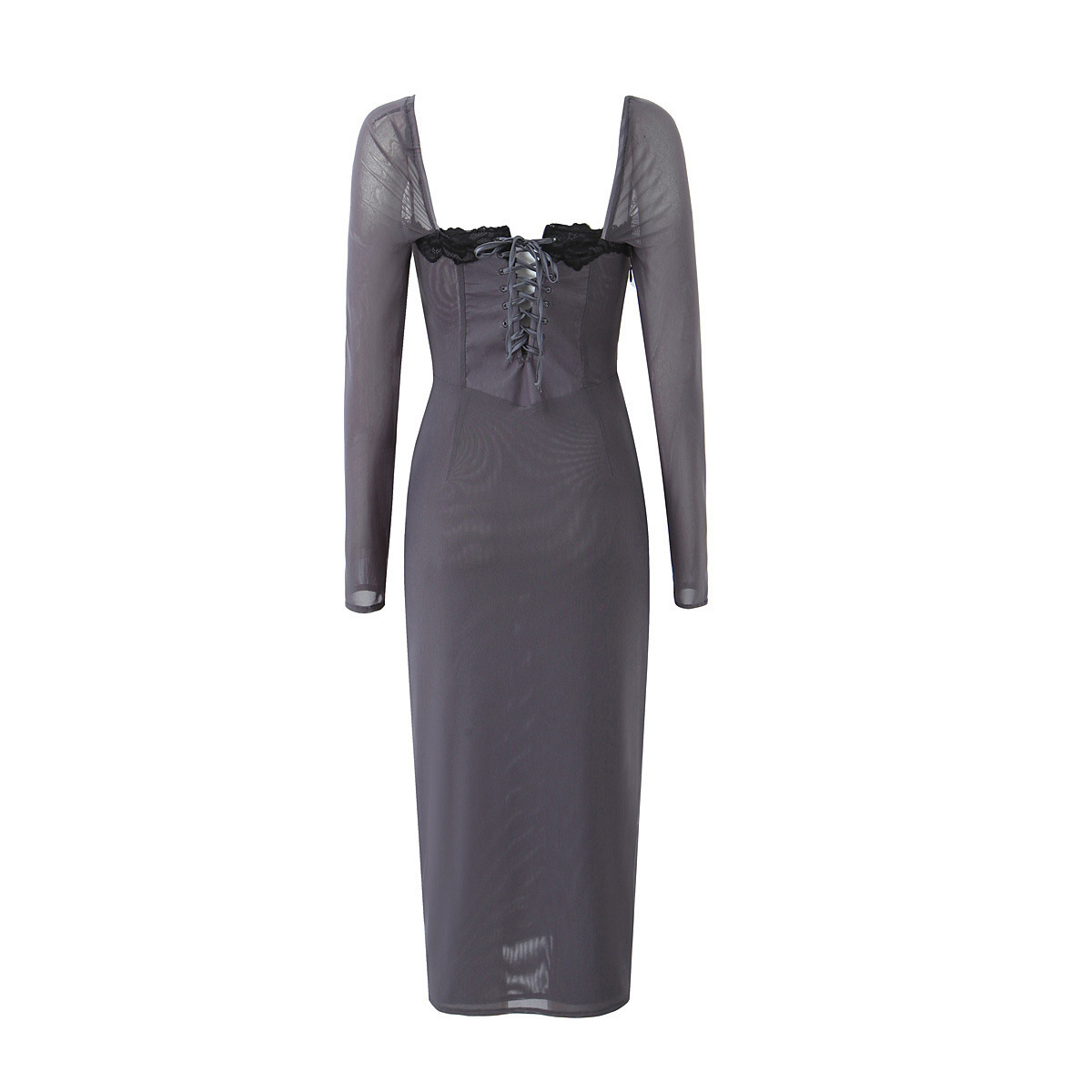 Square-Neck Lace Midi Dress with Long Sheer Sleeves