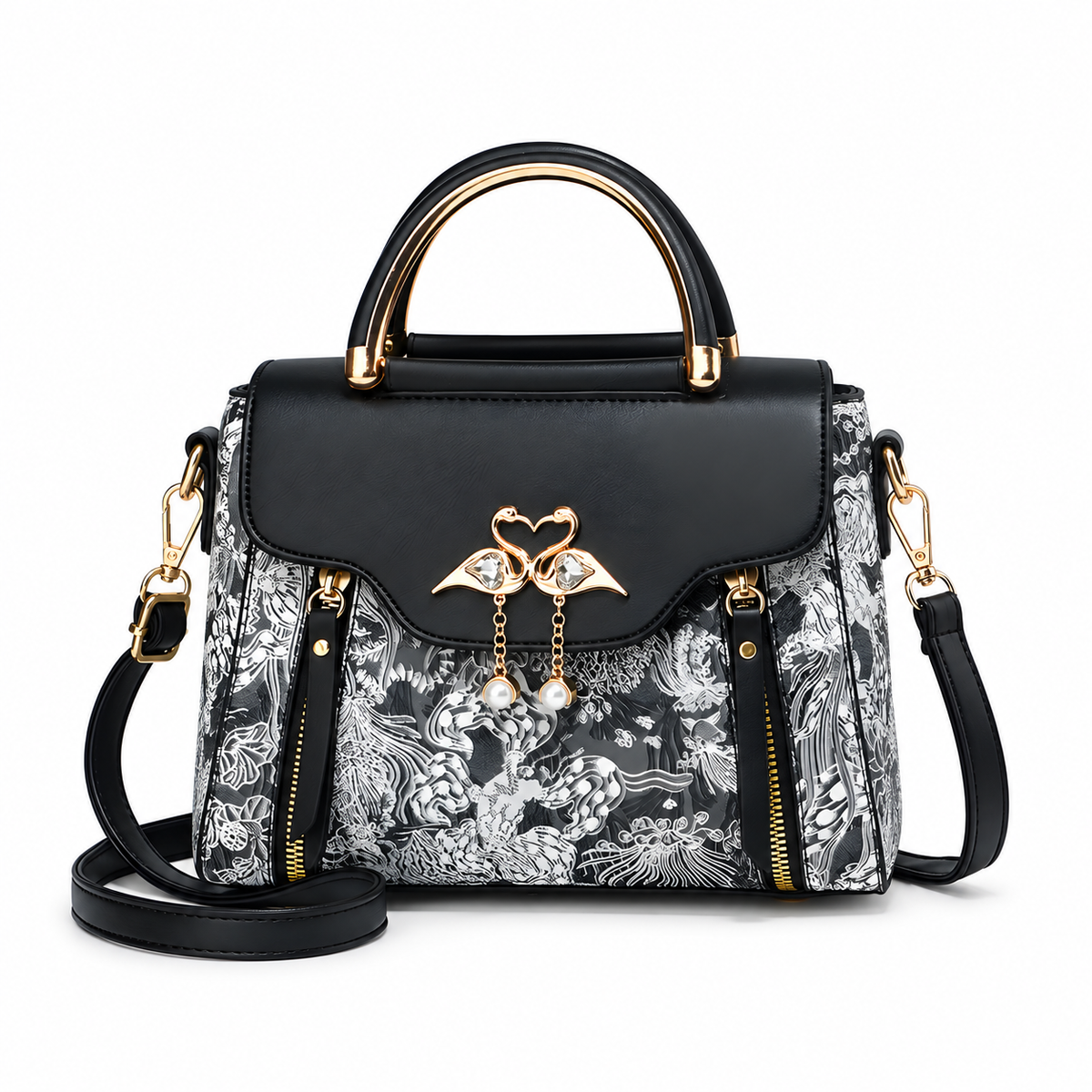 Printed Shoulder Bag with Bird Charm and Zip Divider, 22.5 cm