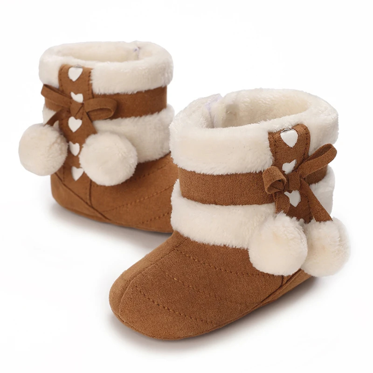 Heart Bow Baby Boots with Pom-Pom Detail and Cream Cuffs