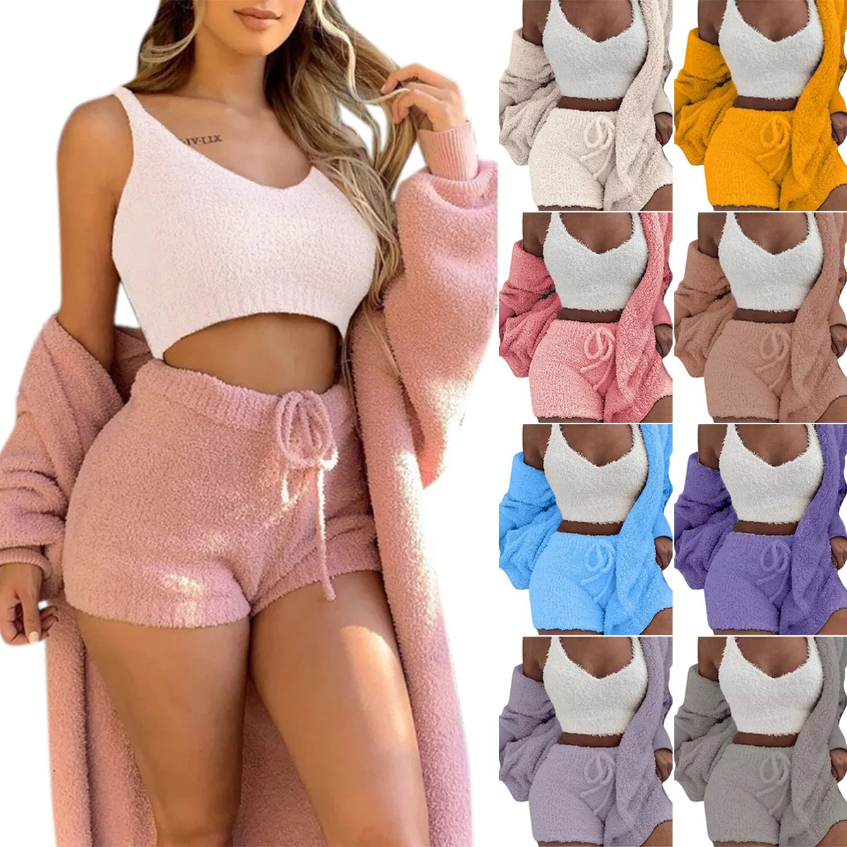 Women's Three-Piece Knit Pajama Set with Crop Top and Shorts