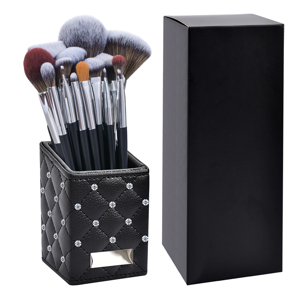 16-Piece Black Makeup Brush Set with Rhinestone Case