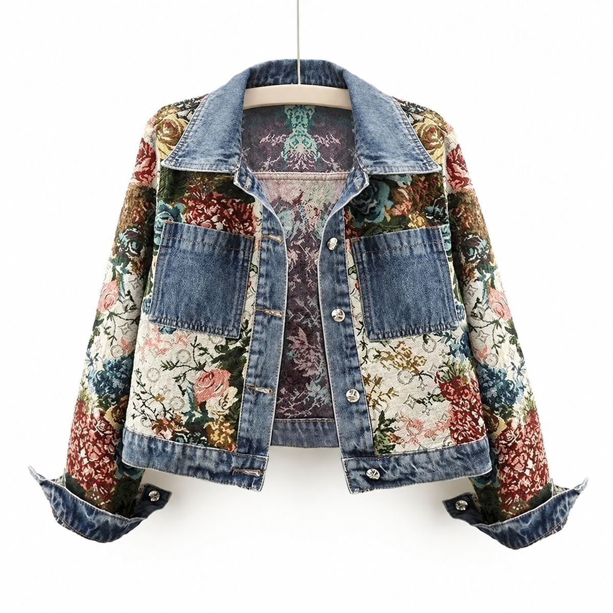 Floral Patchwork Denim Jacket with Button Front, S–3XL