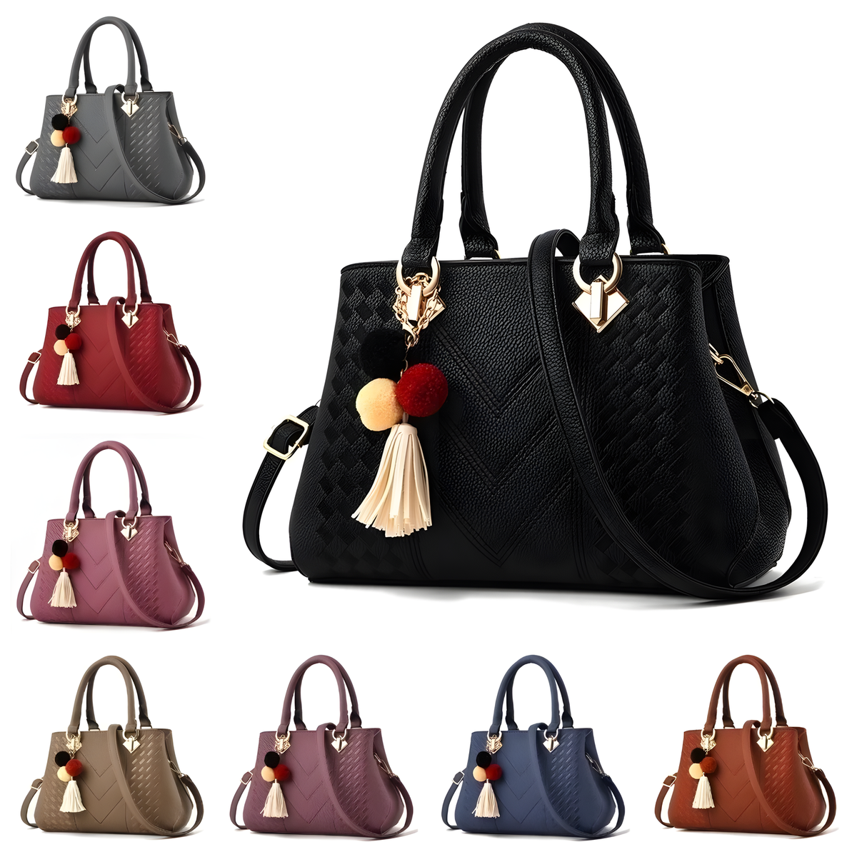 Textured PU Top-Handle Handbag with Shoulder Strap
