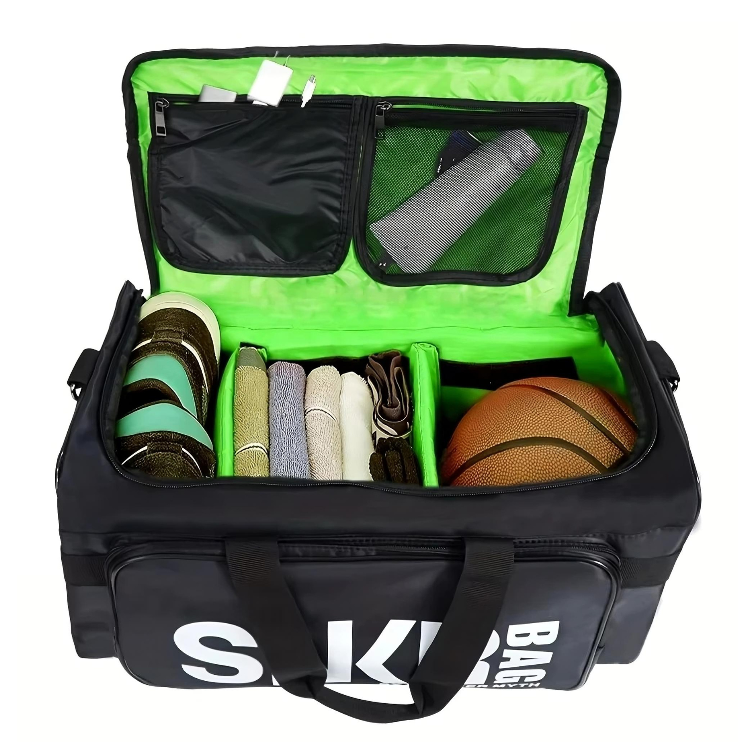 Black duffel bag with green interior, containing sports equipment including a basketball and shoes.