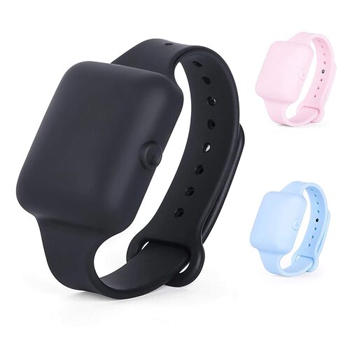 Black smartwatch with pink and blue bands on a white background