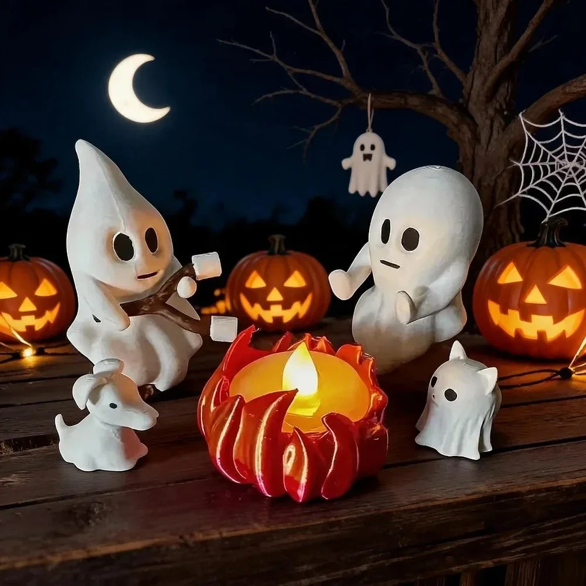 Light-Up Halloween Ghost Figurine Scene with Pumpkin Glow