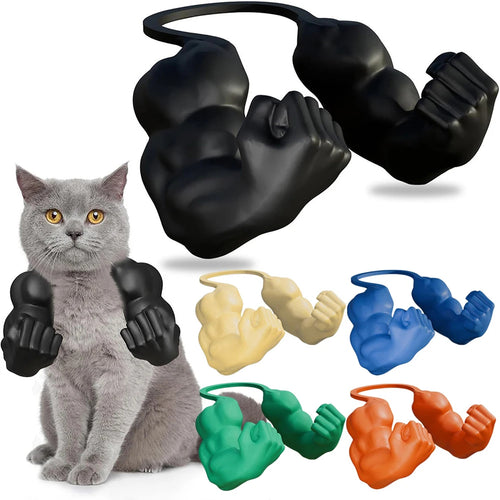 A gray cat wearing black arm-shaped earplugs, with additional earplugs in beige, blue, green, and orange shown below on a white background.