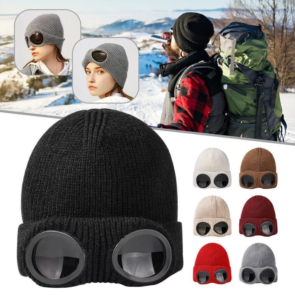 Fleece-Lined Rib-Knit Goggle Beanie with Flip-Up Winter Lenses