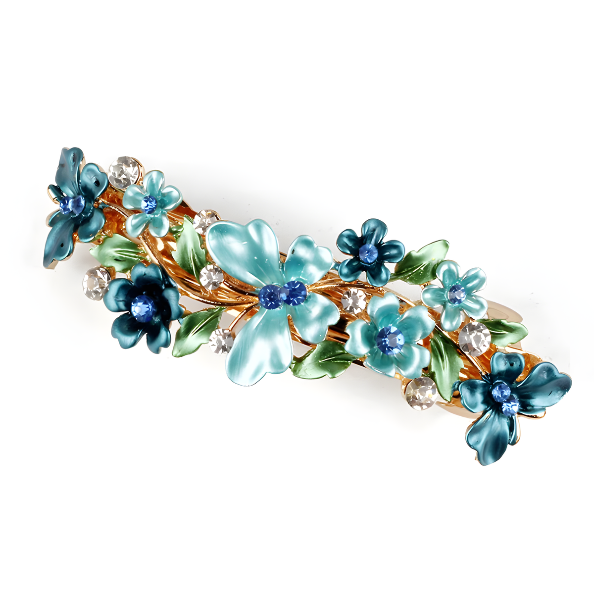 Floral Enamel Barrette with Rhinestone Accents and Gold Tone