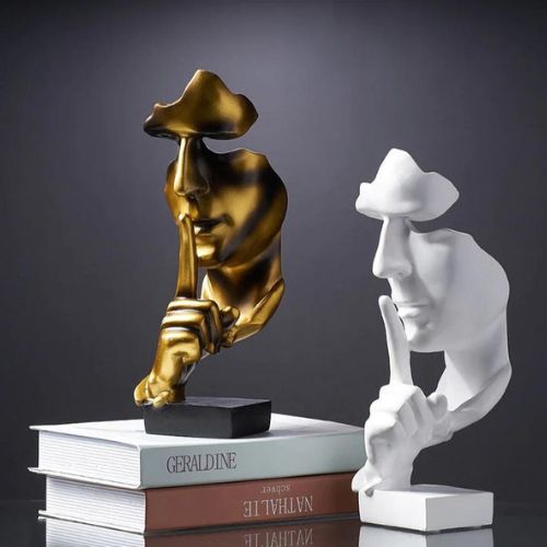 Abstract Face Sculpture - Silence is Golden Thinker Statue