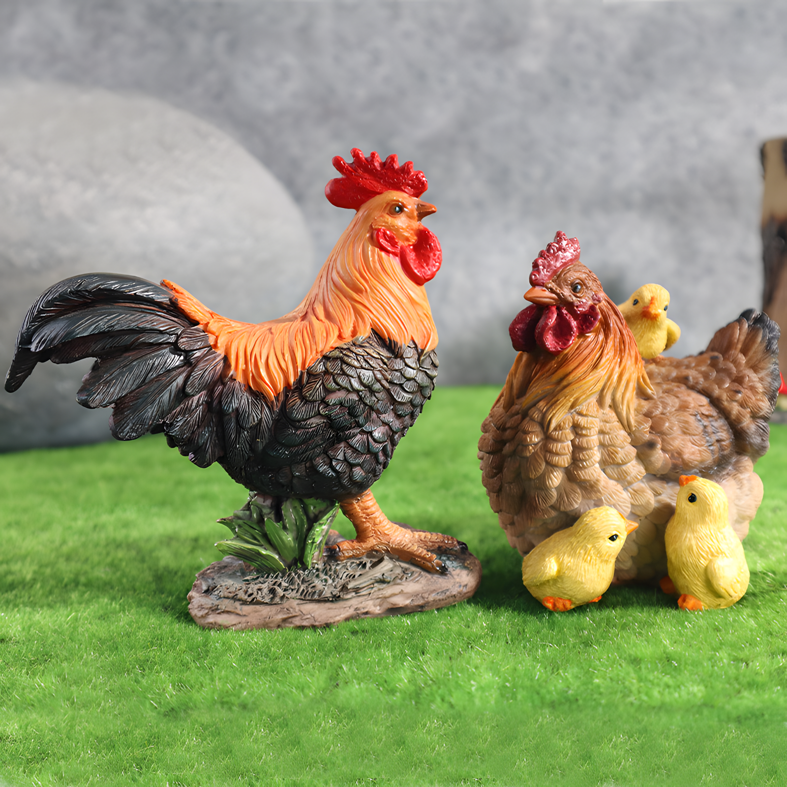 Farm Bird Garden Ornament Rooster or Hen with Chicks Decor