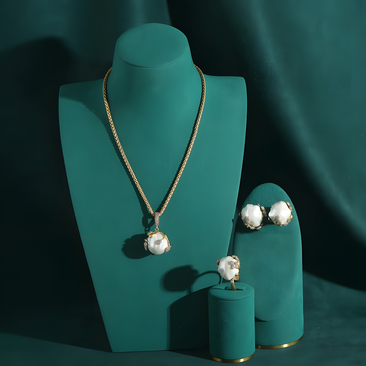 Pearl-Inspired Jewelry Selection, Gold-Tone Floral Details