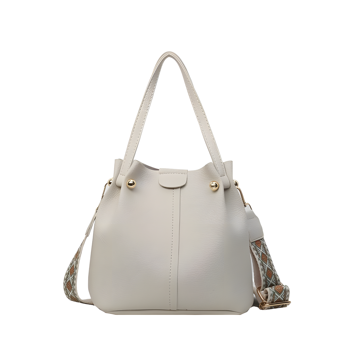 Compact Bucket Handbag with Wide Patterned Shoulder Strap
