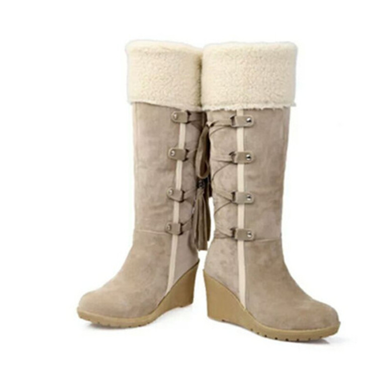 Women's Knee-High Winter Wedge Boots with Plush Fold-Over Cuff