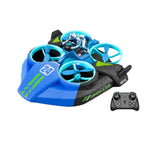 Blue and black remote control drone with a controller on a white background