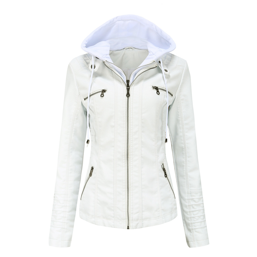 Women's PU Leather Jacket with Removable Hood and Zip Pockets