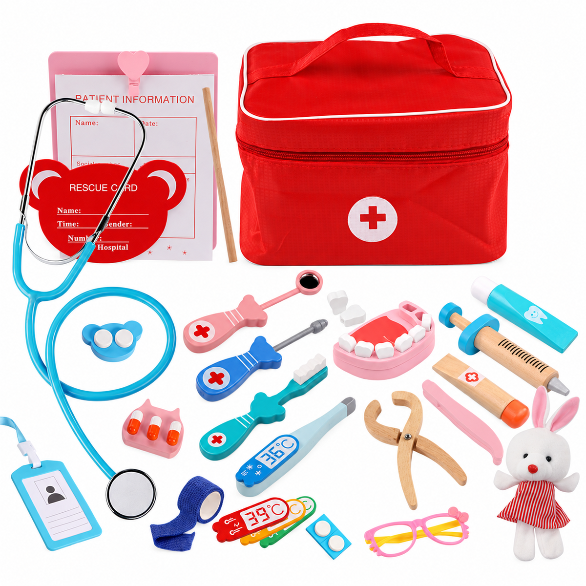 Wooden Dentist Pretend Play Kit with Rabbit Doll and Bag