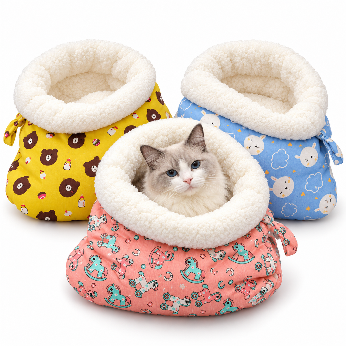 Plush Cat Sleeping Bag with Fold-Over Cuff and Cotton Filling
